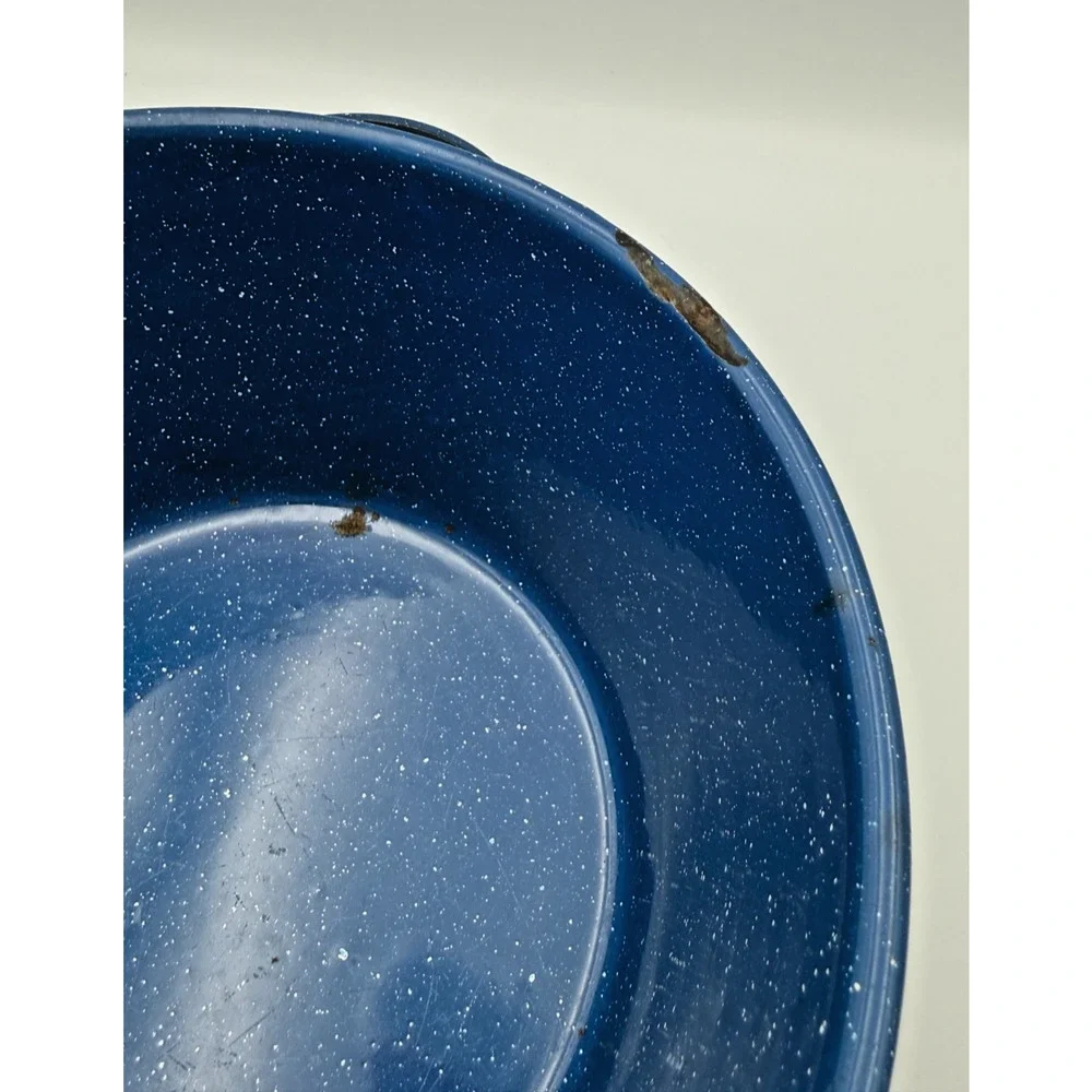 Vintage Farmhouse Royal Blue Speckled Enamel Stock Pot Graniteware Distressed